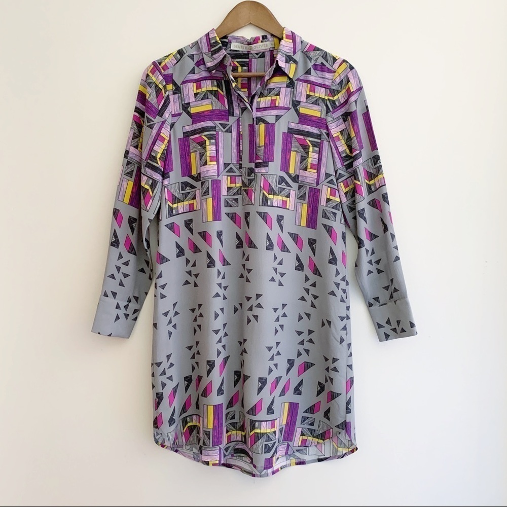 Marie Oliver Grey & Purple Retro Print Silk Shirt Dress XS Maximalist